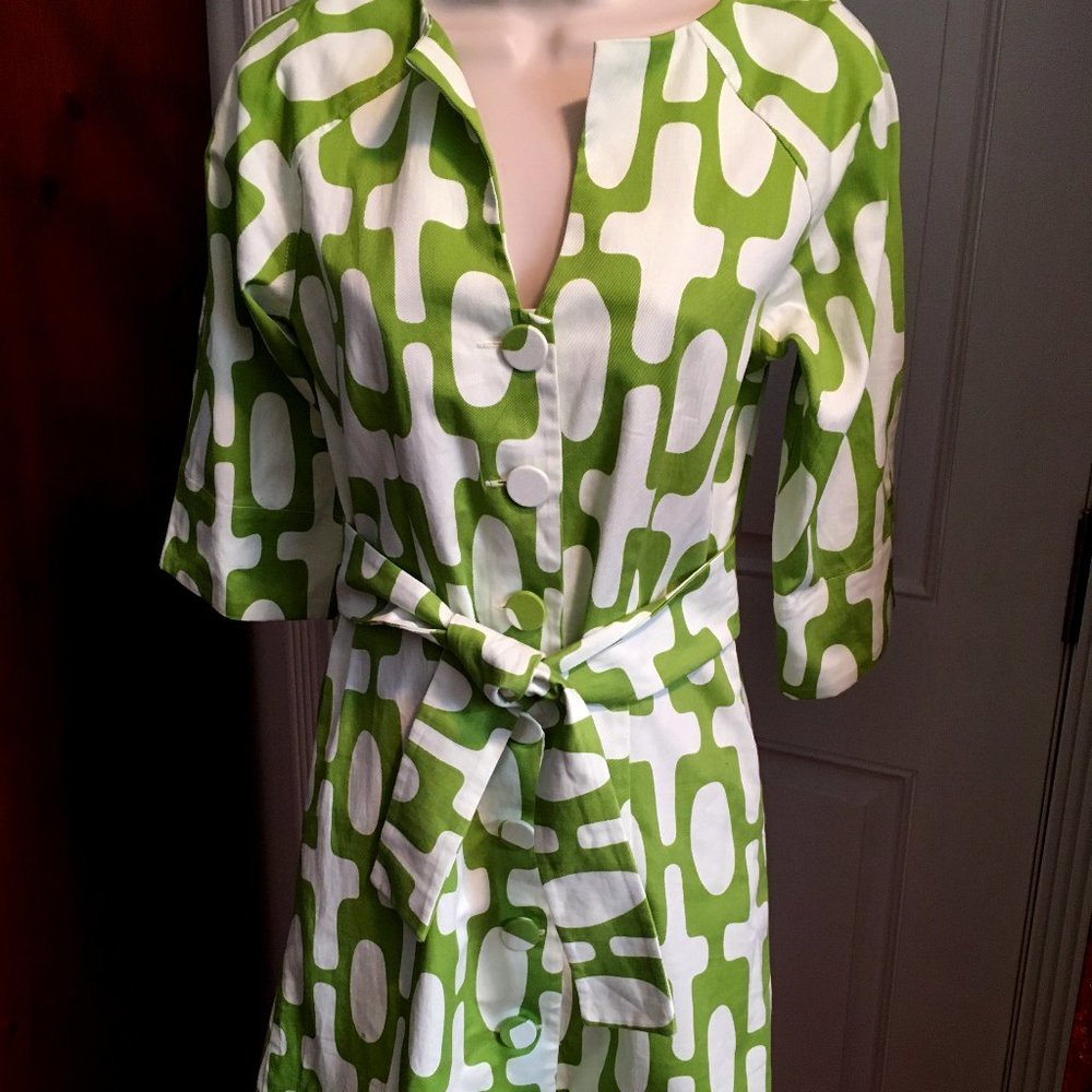 Green & White Patterned Shirtwaist Dress with Tie Belt
